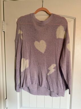 Main Strip Lavender Heart & Lightning Crewneck Sweater - Lavender/White